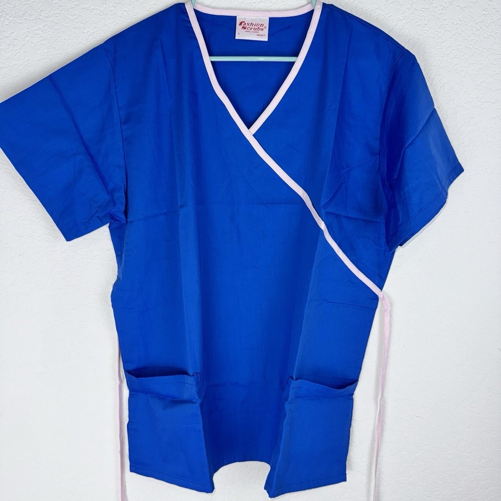 Fashion Scrubs Womens Large Royal Blue Pink Trim Wrap Tie Back Medical Scrub Top